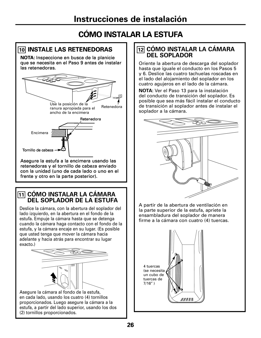 GE JGP989 manual Instrucciones de instalación, Cómo Instalar La Estufa, 10INSTALE LAS RETENEDORAS 