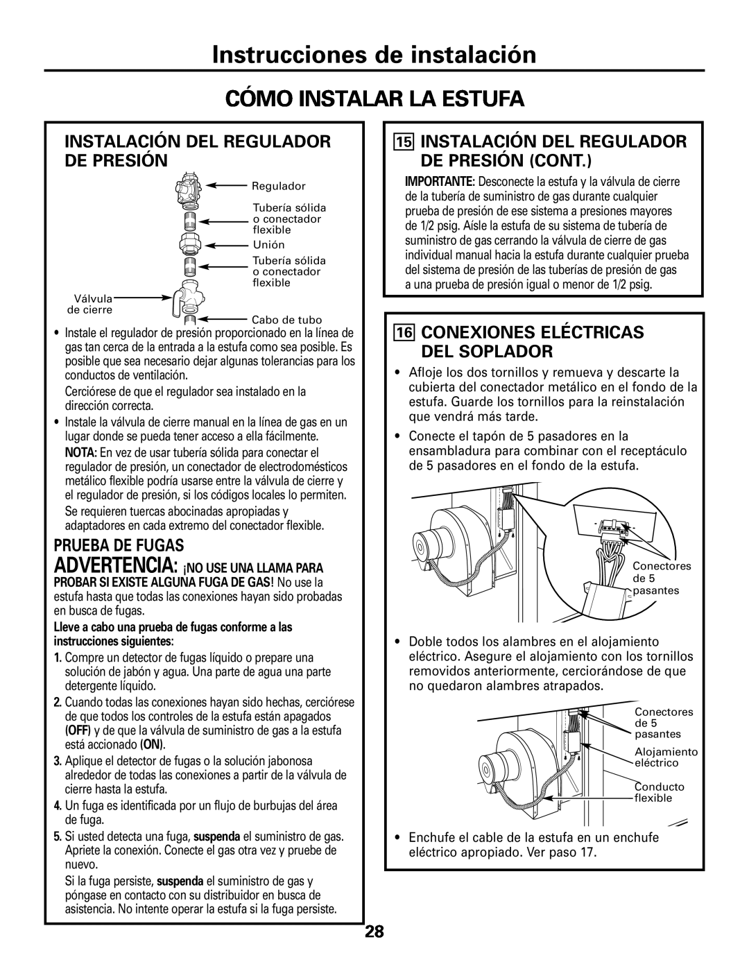 GE JGP989 Instrucciones de instalación, Cómo Instalar La Estufa, Instalación Del Regulador De Presión, Prueba De Fugas 