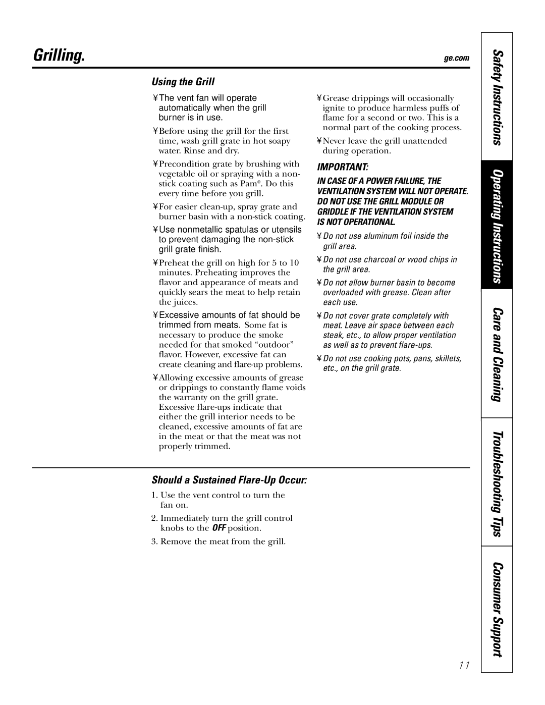 GE JGP990 manual Grilling, Using the Grill, Should a Sustained Flare-Up Occur 