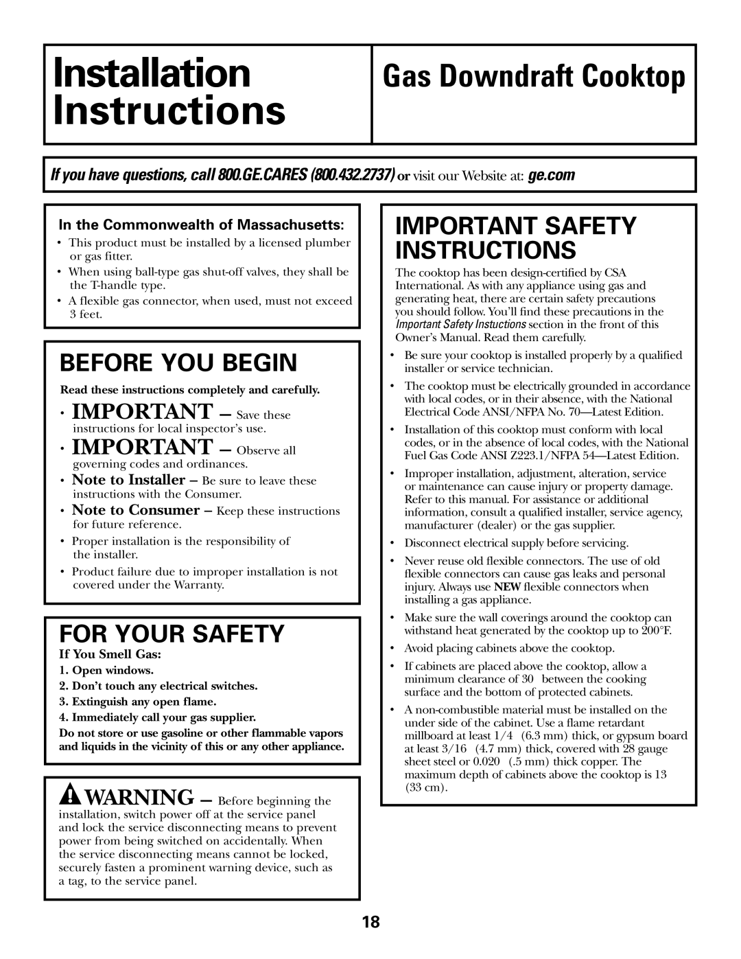 GE JGP990 manual Installation Instructions, Read these instructions completely and carefully 