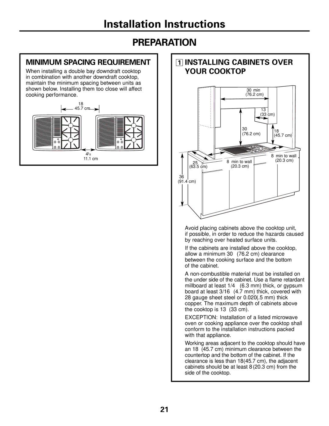 GE JGP990 manual Minimum Spacing Requirement, Installing Cabinets Over Your Cooktop 