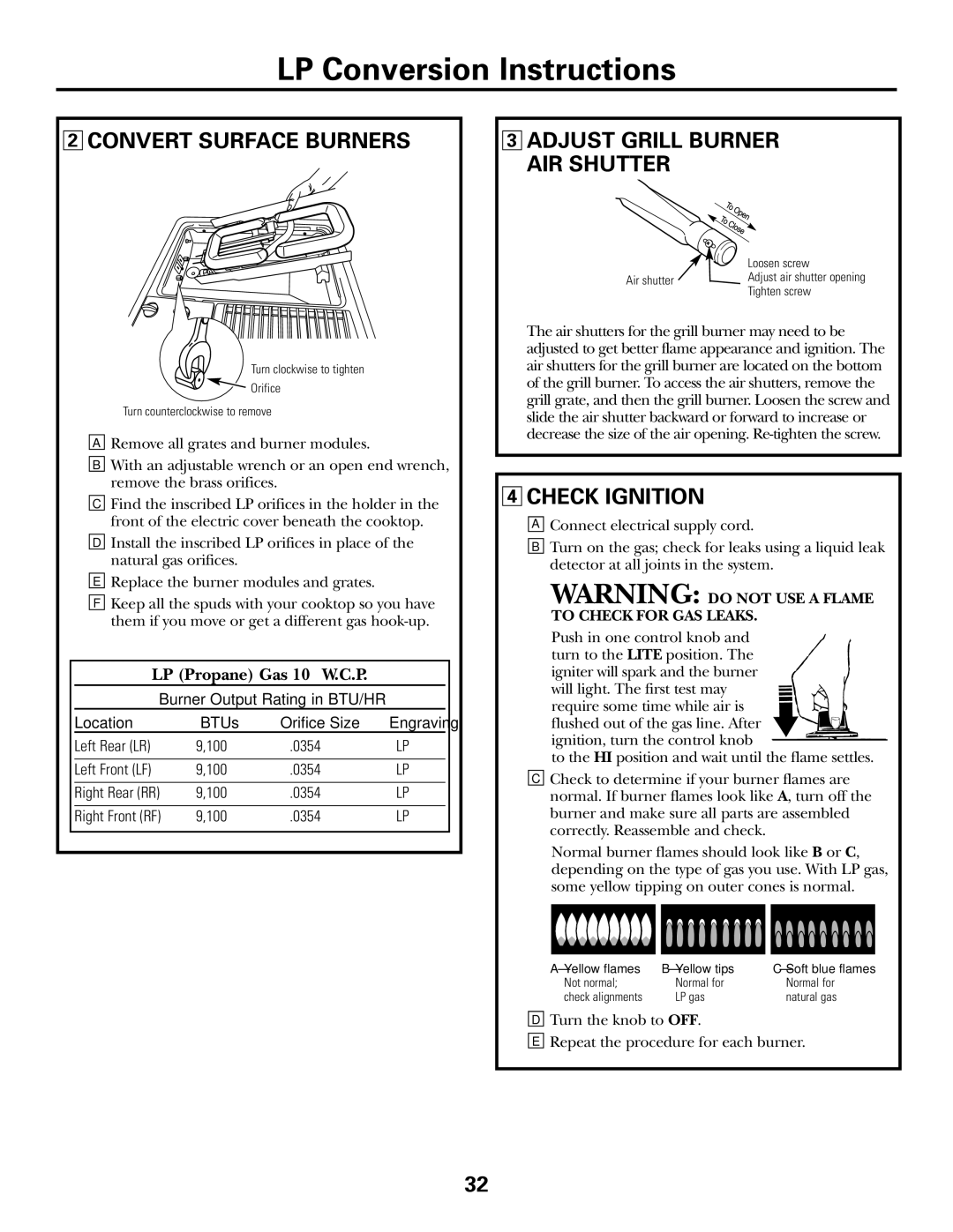 GE JGP990 manual Convert Surface Burners, Adjust Grill Burner AIR Shutter, Check Ignition 