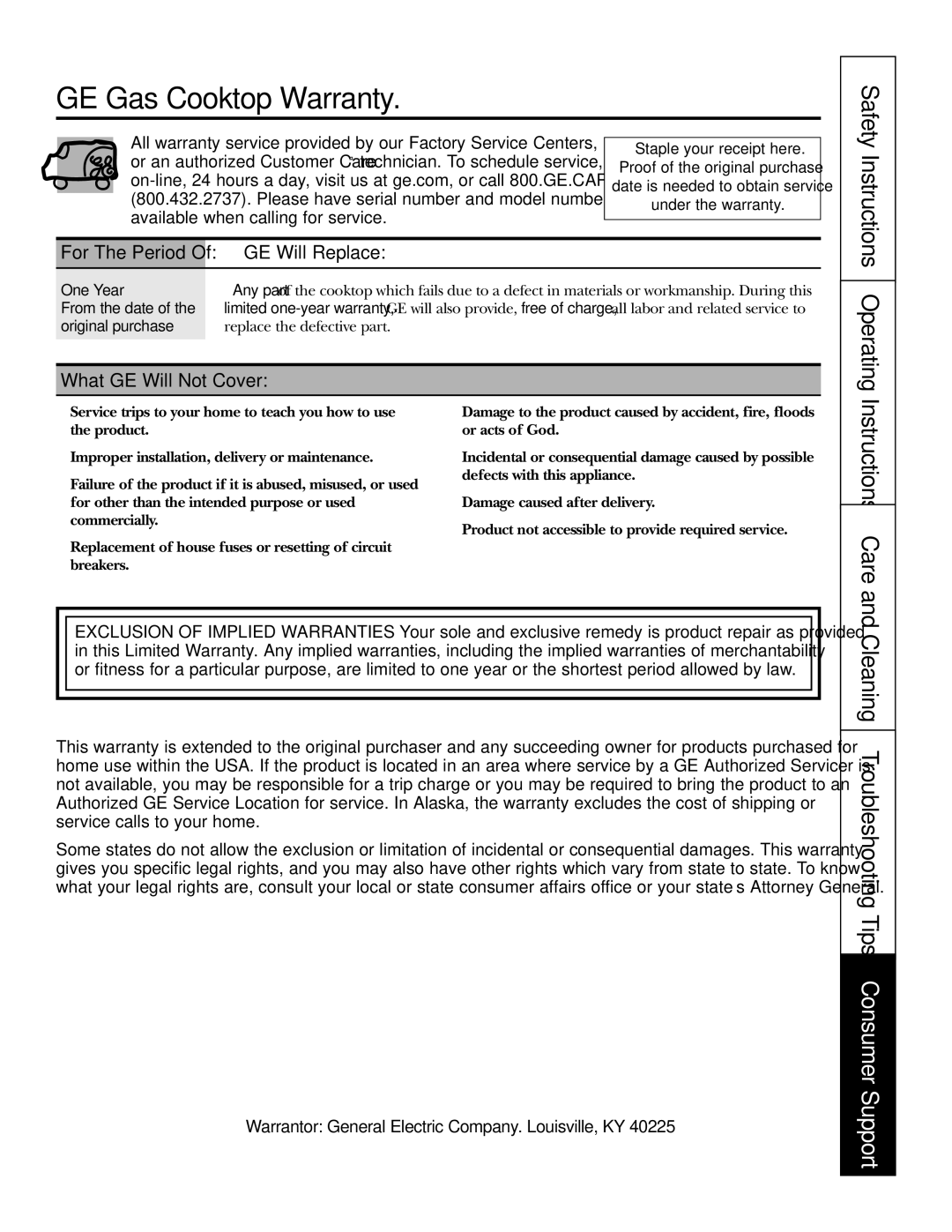 GE JGP990 manual GE Gas Cooktop Warranty, GE Will Replace, What GE Will Not Cover 
