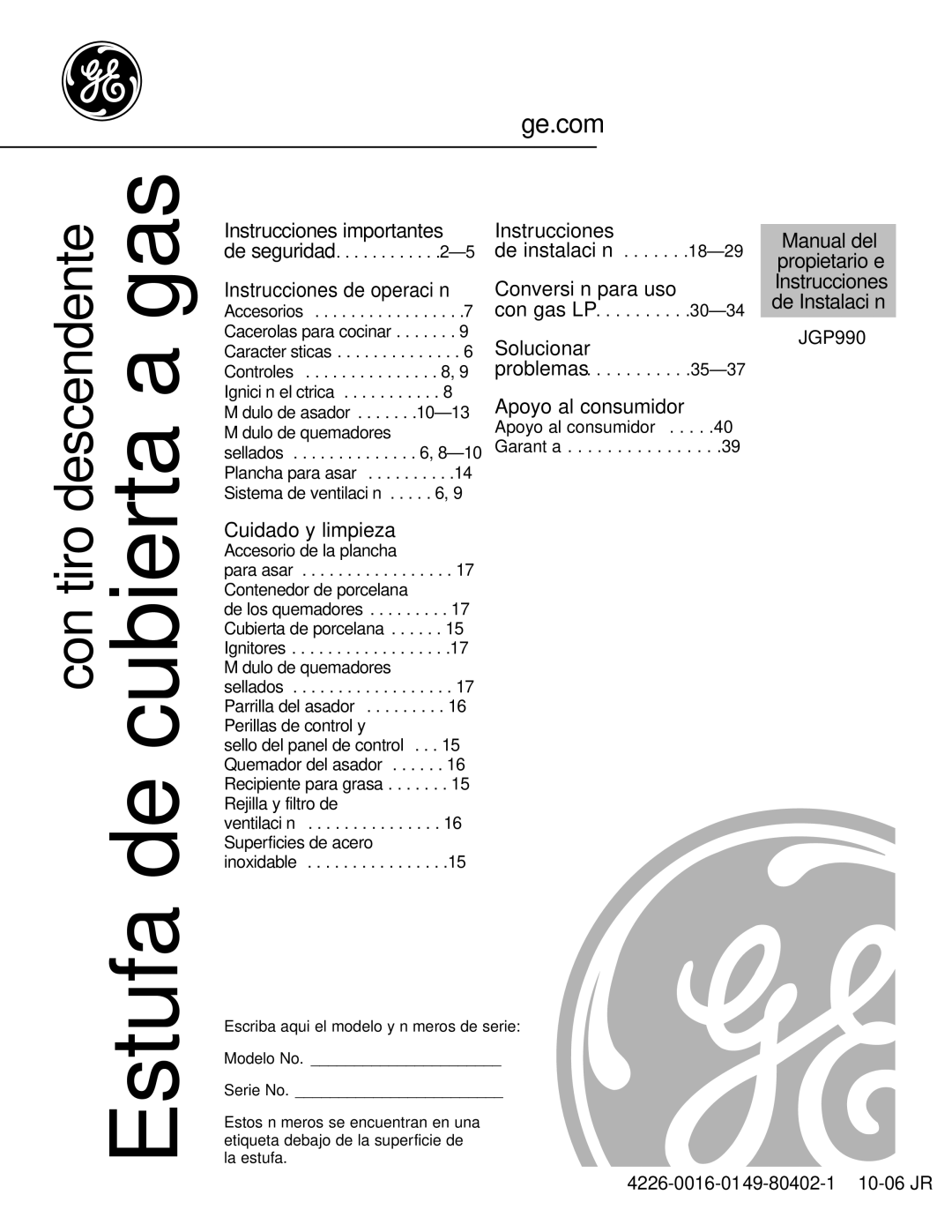 GE JGP990 manual Manual del propietario e Instrucciones de Instalación 