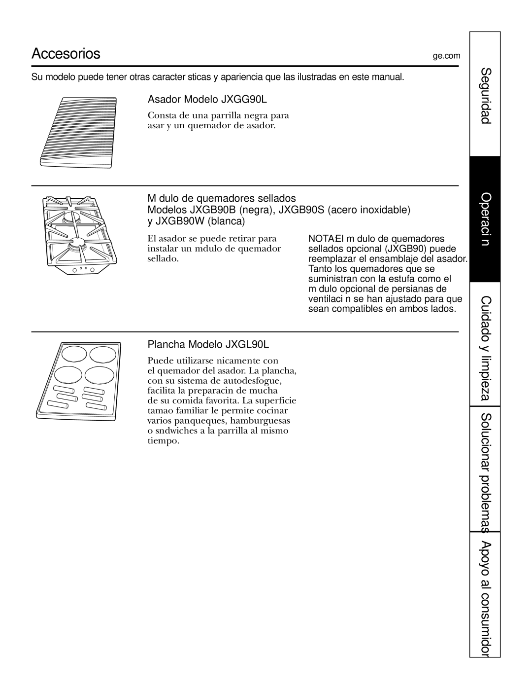 GE JGP990 manual Asador Modelo JXGG90L, Plancha Modelo JXGL90L 