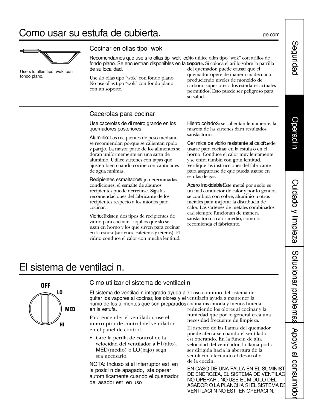 GE JGP990 Como usar su estufa de cubierta, El sistema de ventilación, Cocinar en ollas tipo wok, Cacerolas para cocinar 