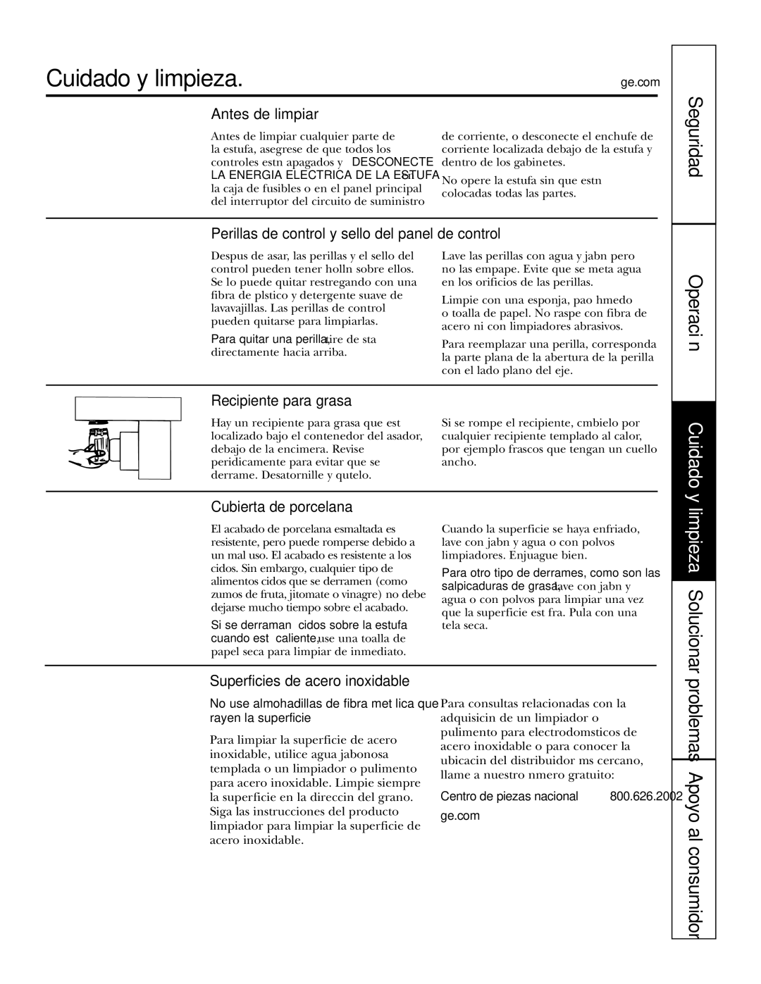 GE JGP990 manual Cuidado y limpieza 