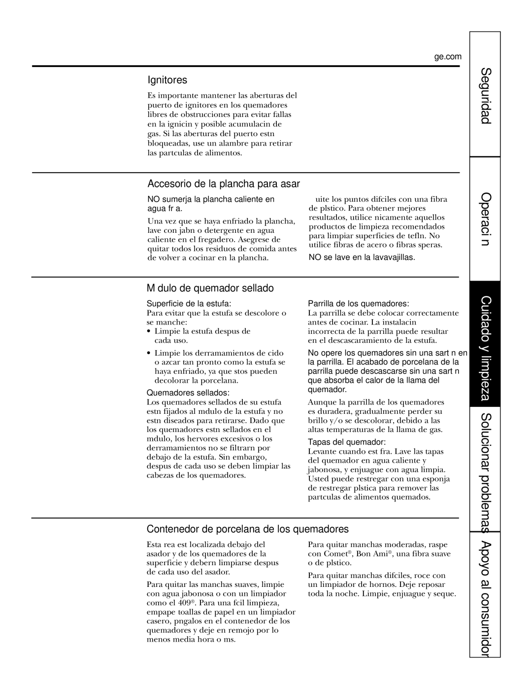 GE JGP990 manual Ignitores, Módulo de quemador sellado, Contenedor de porcelana de los quemadores, Apoyo al consumidor 