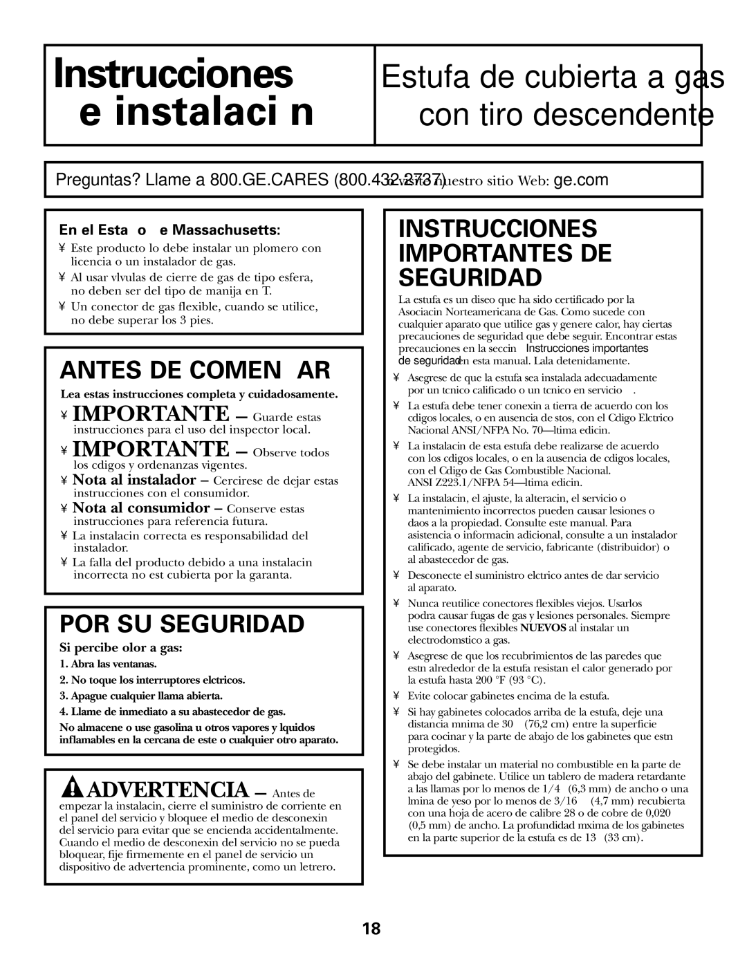 GE JGP990 manual Instrucciones de instalación, Lea estas instrucciones completa y cuidadosamente 