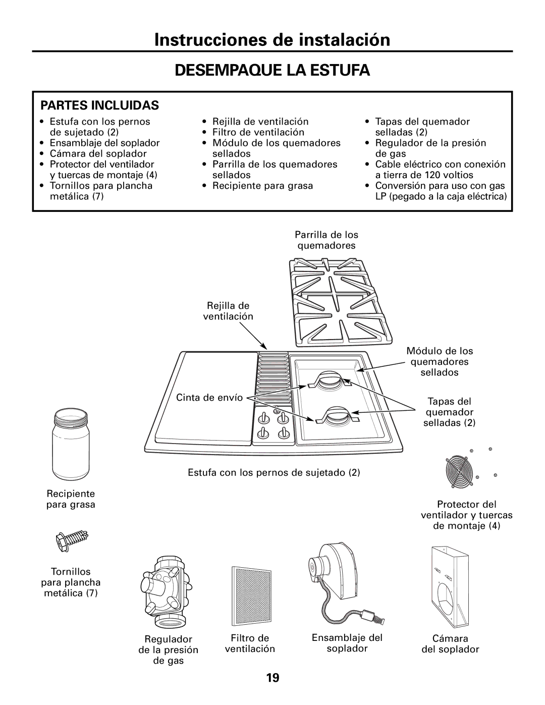 GE JGP990 manual Desempaque LA Estufa, Partes Incluidas 