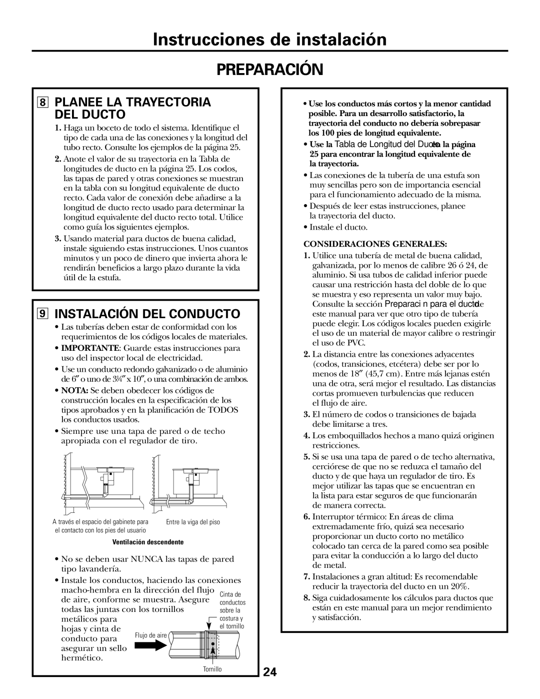 GE JGP990 manual Instalación DEL Conducto, Consideraciones Generales 