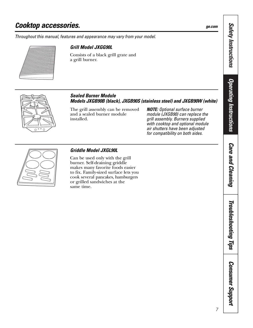 GE JGP990 manual Cooktop accessories, Grill Model JXGG90L, Sealed Burner Module, Griddle Model JXGL90L 
