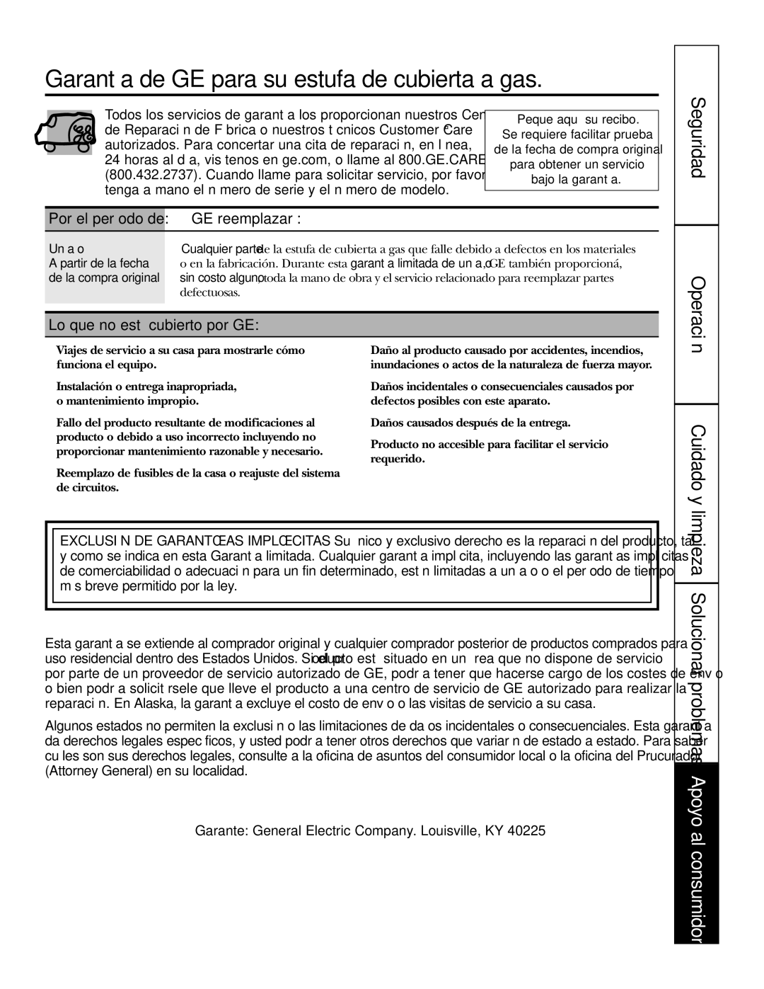 GE JGP990 manual Garantía de GE para su estufa de cubierta a gas, GE reemplazará, Lo que no está cubierto por GE, Un año 