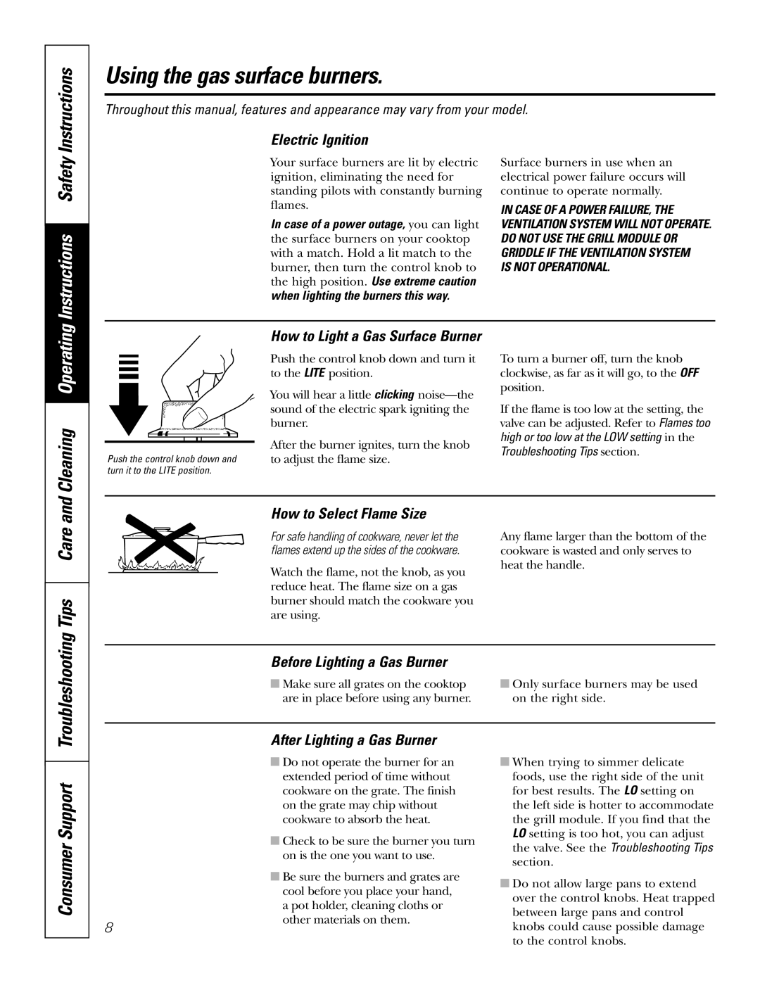 GE JGP990 manual Using the gas surface burners, Electric Ignition, How to Select Flame Size, Before Lighting a Gas Burner 