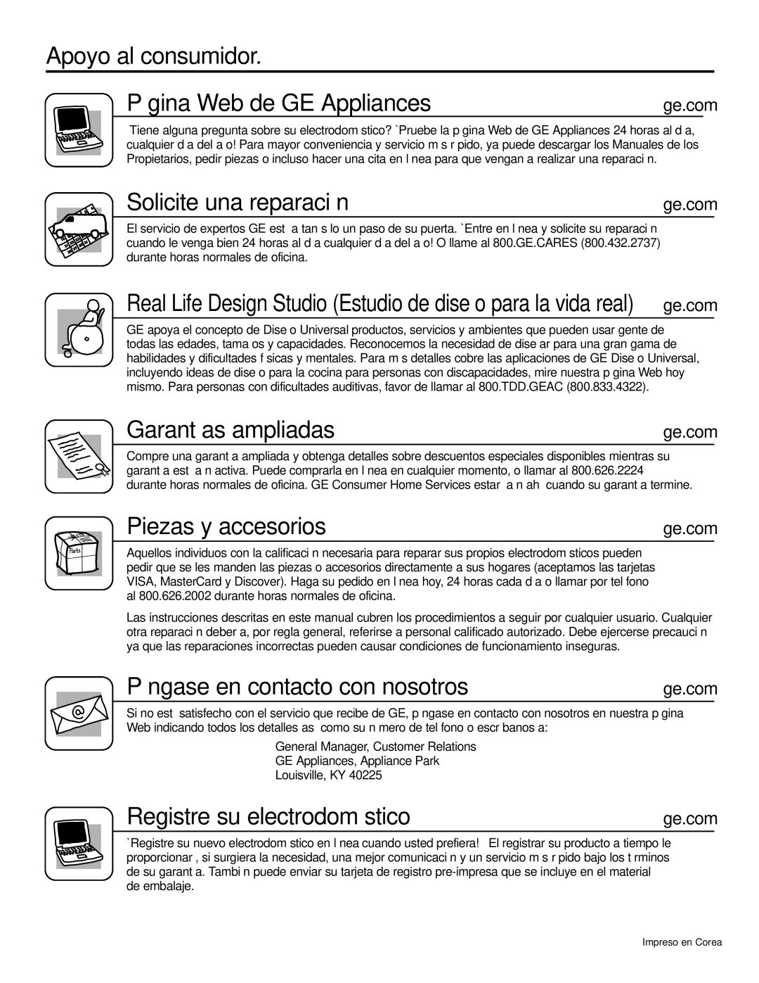 GE JGP990 manual Apoyo al consumidor Página Web de GE Appliances, Solicite una reparación, Garantías ampliadas 