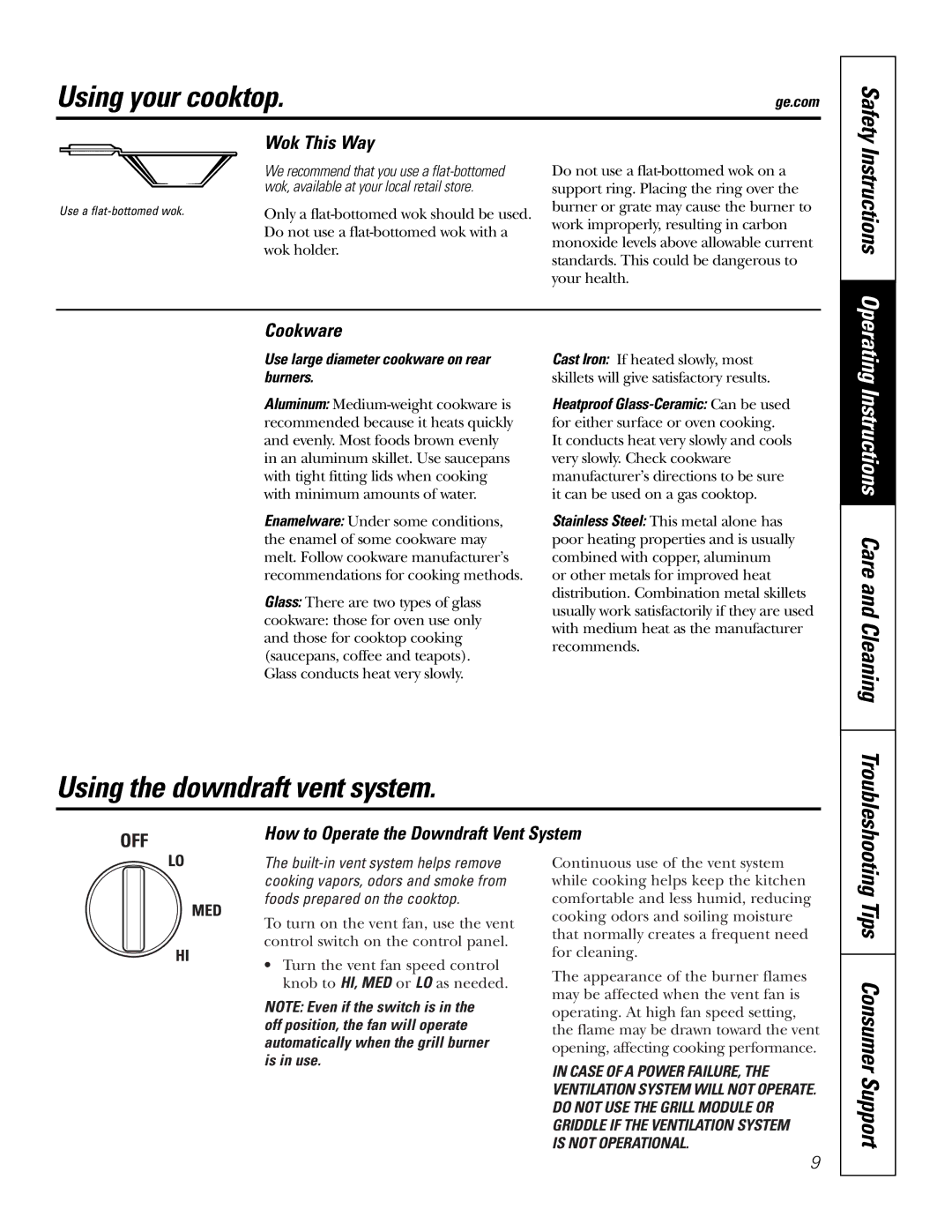 GE JGP990 manual Using your cooktop, Using the downdraft vent system, Wok This Way, Cookware 