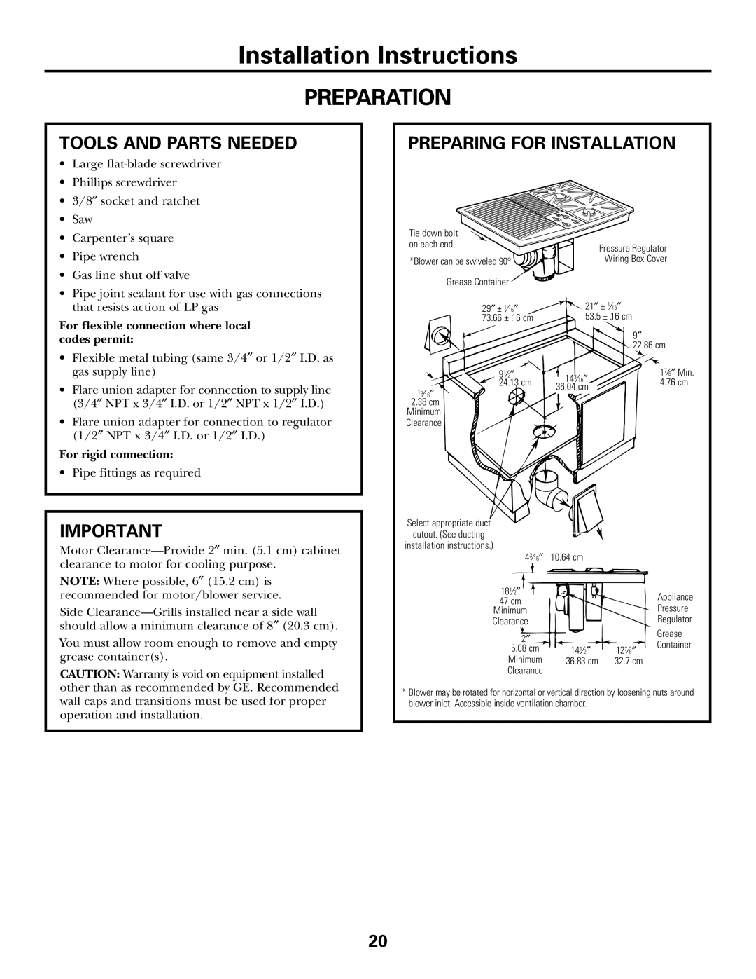 GE JGP990 Preparation, Installation Instructions, Tools And Parts Needed, Preparing For Installation, For rigid connection 