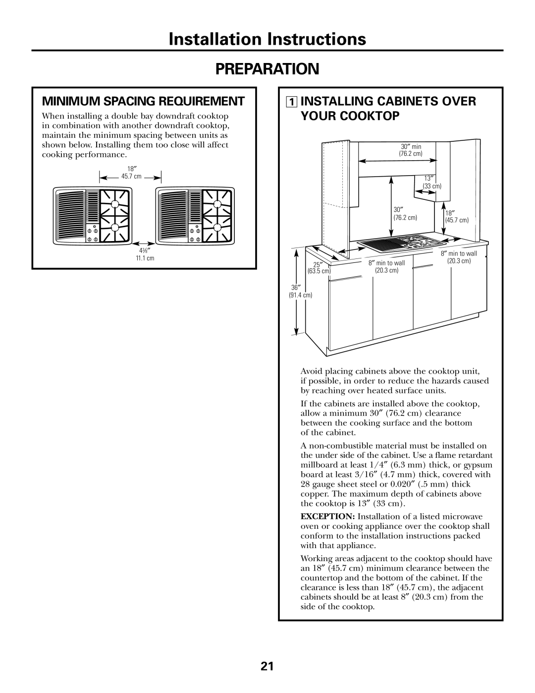 GE JGP990 Installation Instructions, Preparation, Minimum Spacing Requirement, 1INSTALLING CABINETS OVER YOUR COOKTOP 