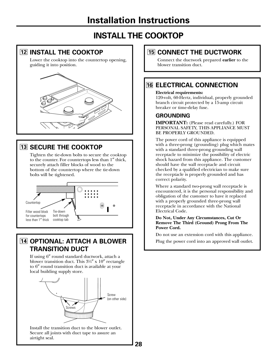 GE JGP990 manual Installation Instructions, Install The Cooktop, 12INSTALL THE COOKTOP, 13SECURE THE COOKTOP, Grounding 