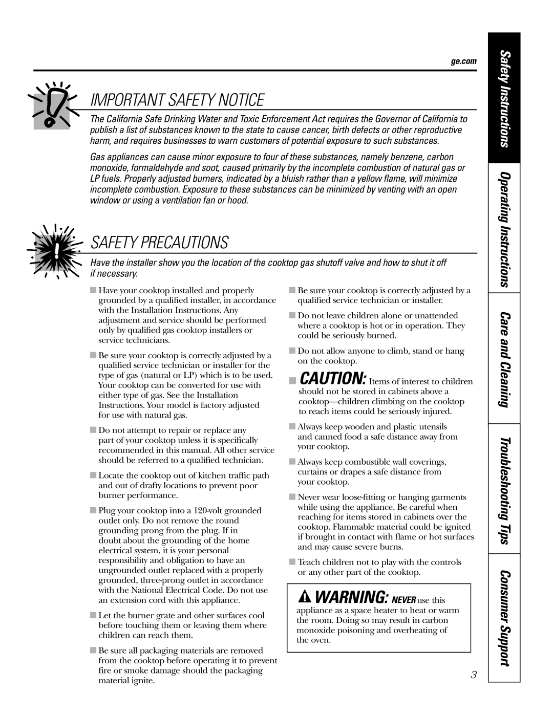 GE JGP990 Important Safety Notice, Safety Precautions, WARNING: NEVER use this, Safety Instructions Operating Instructions 