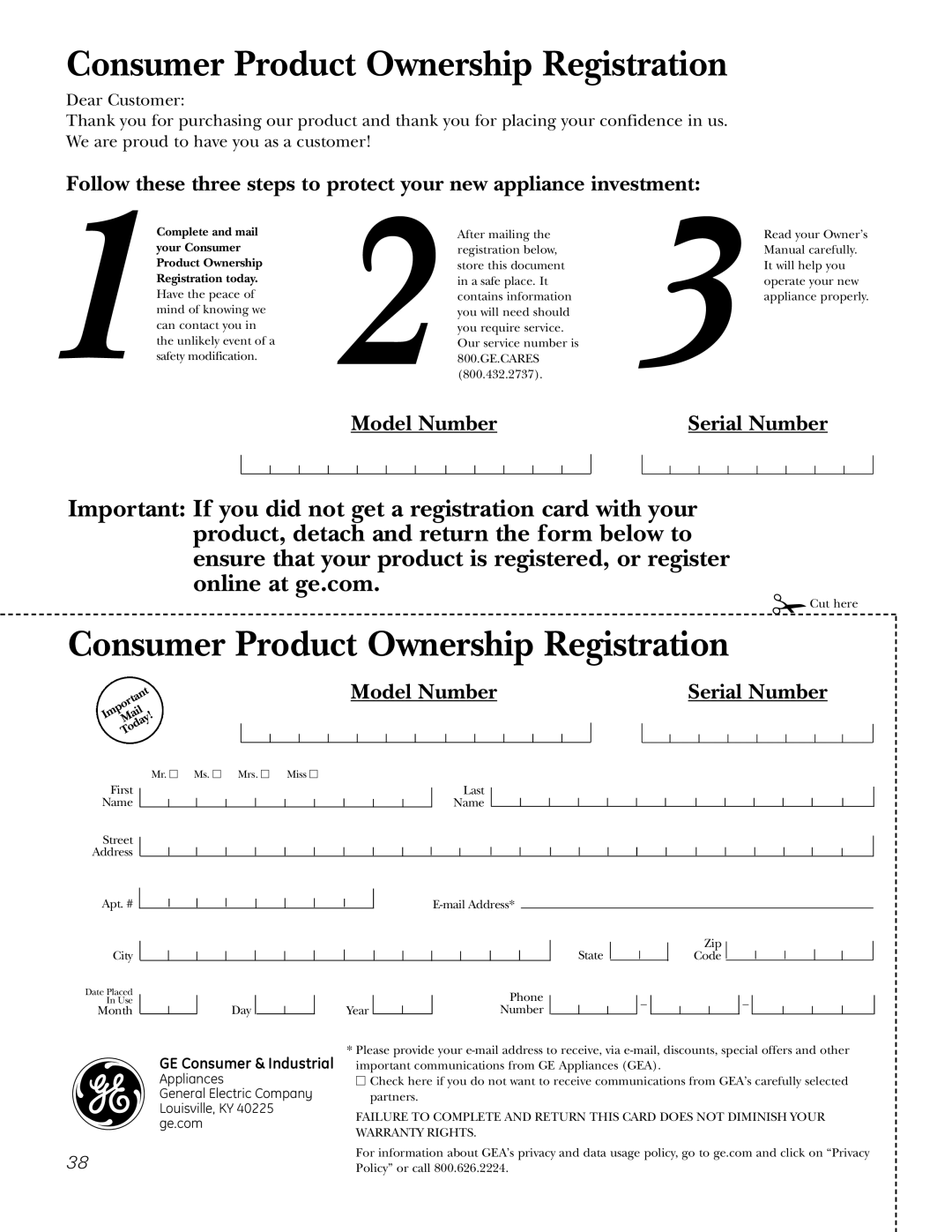 GE JGP990 Consumer Product Ownership Registration, Model Number, Serial Number, GE Consumer & Industrial, your Consumer 