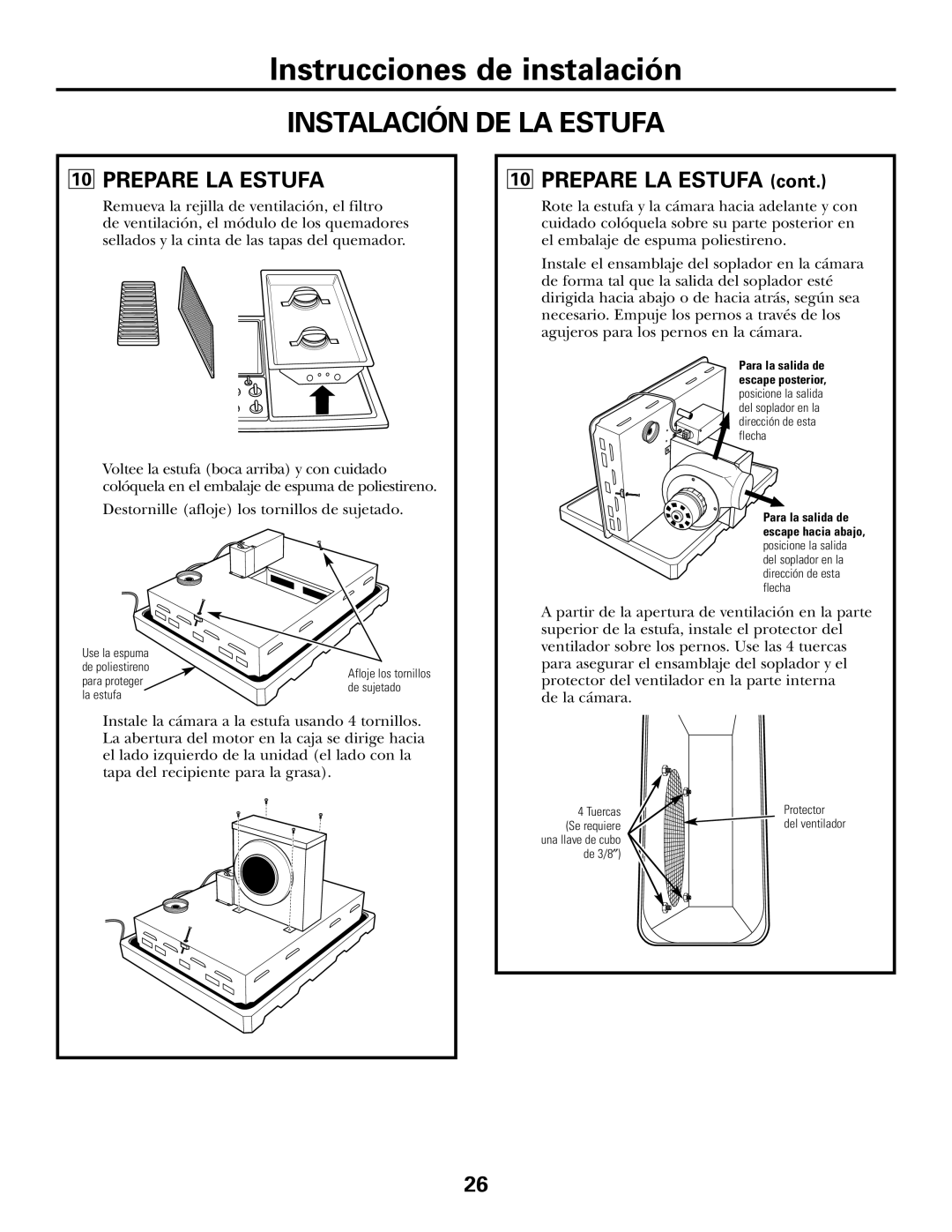 GE JGP990 manual Instalación De La Estufa, Instrucciones de instalación, 10PREPARE LA ESTUFA cont 