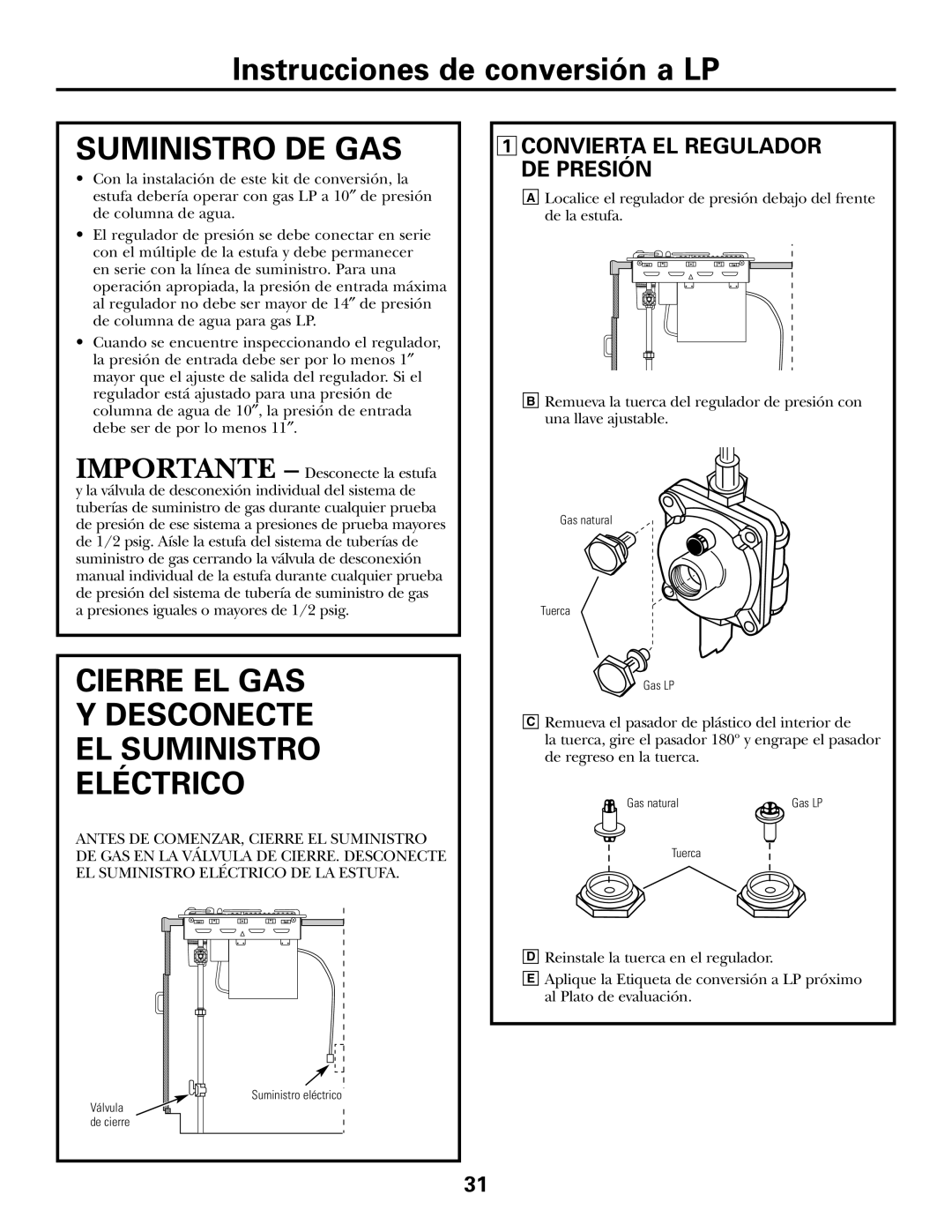 GE JGP990 manual Instrucciones de conversión a LP, Suministro De Gas, Cierre El Gas, Ydesconecte El Suministro Eléctrico 