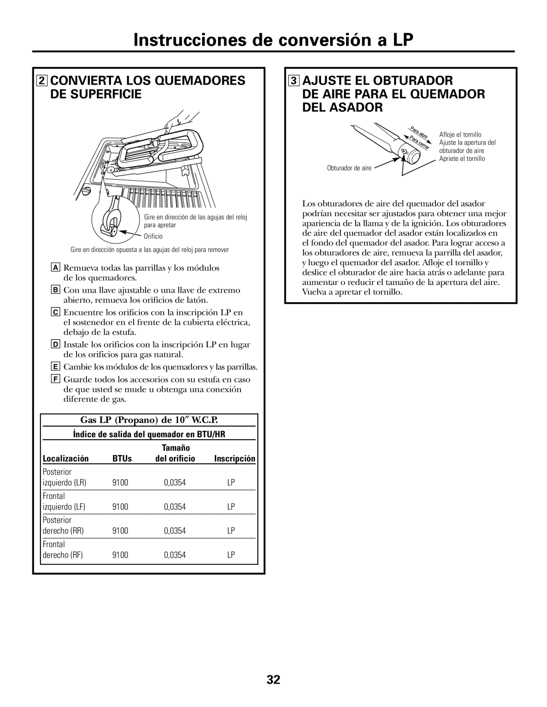 GE JGP990 Instrucciones de conversión a LP, 2CONVIERTA LOS QUEMADORES DE SUPERFICIE, 3AJUSTE EL OBTURADOR, Localización 