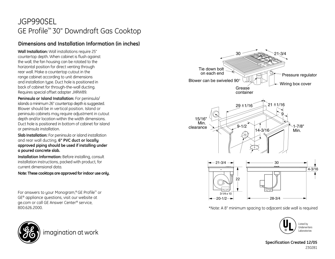 GE JGP990SEL dimensions GE Profile 30 Downdraft Gas Cooktop, Dimensions and Installation Information in inches 