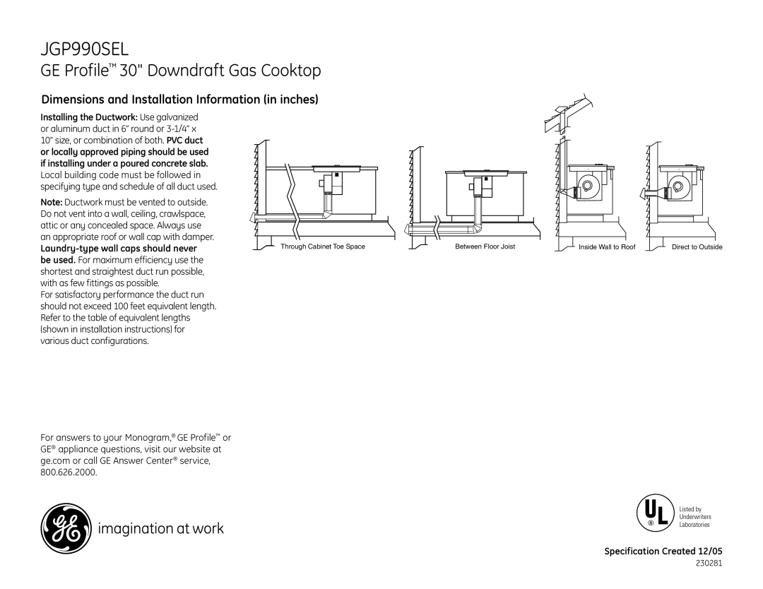 GE JGP990SEL dimensions Direct to Outside 