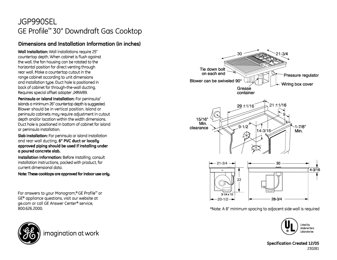 GE JGP990SEL dimensions GE Profile 30 Downdraft Gas Cooktop, Dimensions and Installation Information in inches 