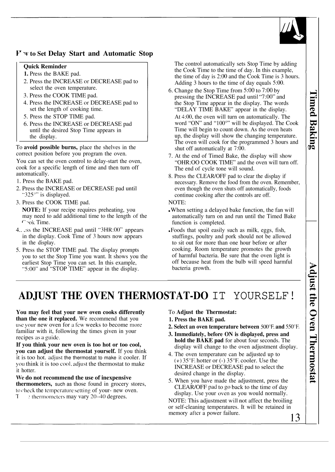 GE JGRP16 warranty Adjust the Oven THERMOSTAT-DO IT Yourself, ET w to Set Delay Start and Automatic Stop, Quick Reminder 