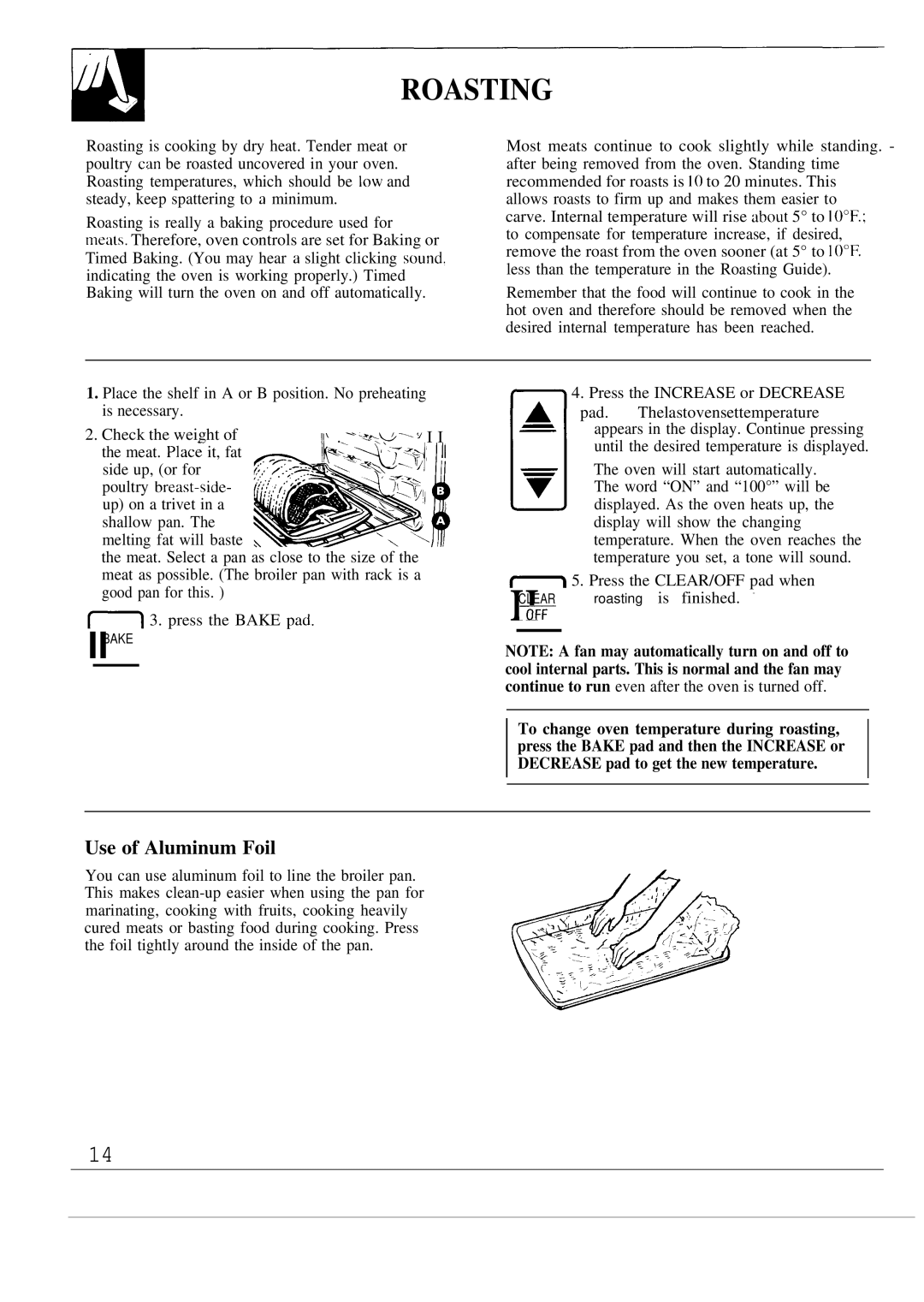 GE JGRP16 warranty Roasting, Use of Aluminum Foil 