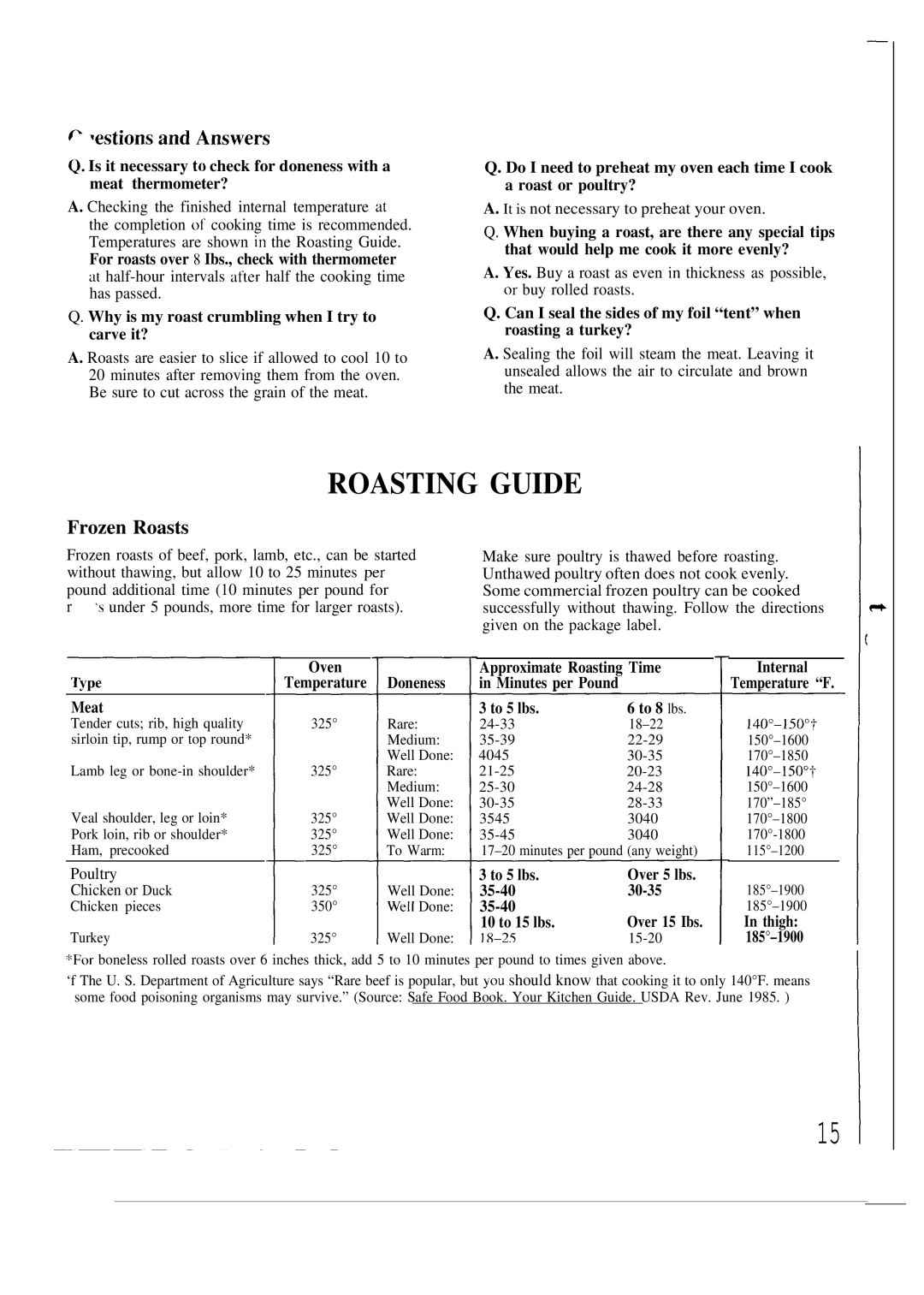 GE JGRP16 warranty Roasting Guide, Frozen Roasts 