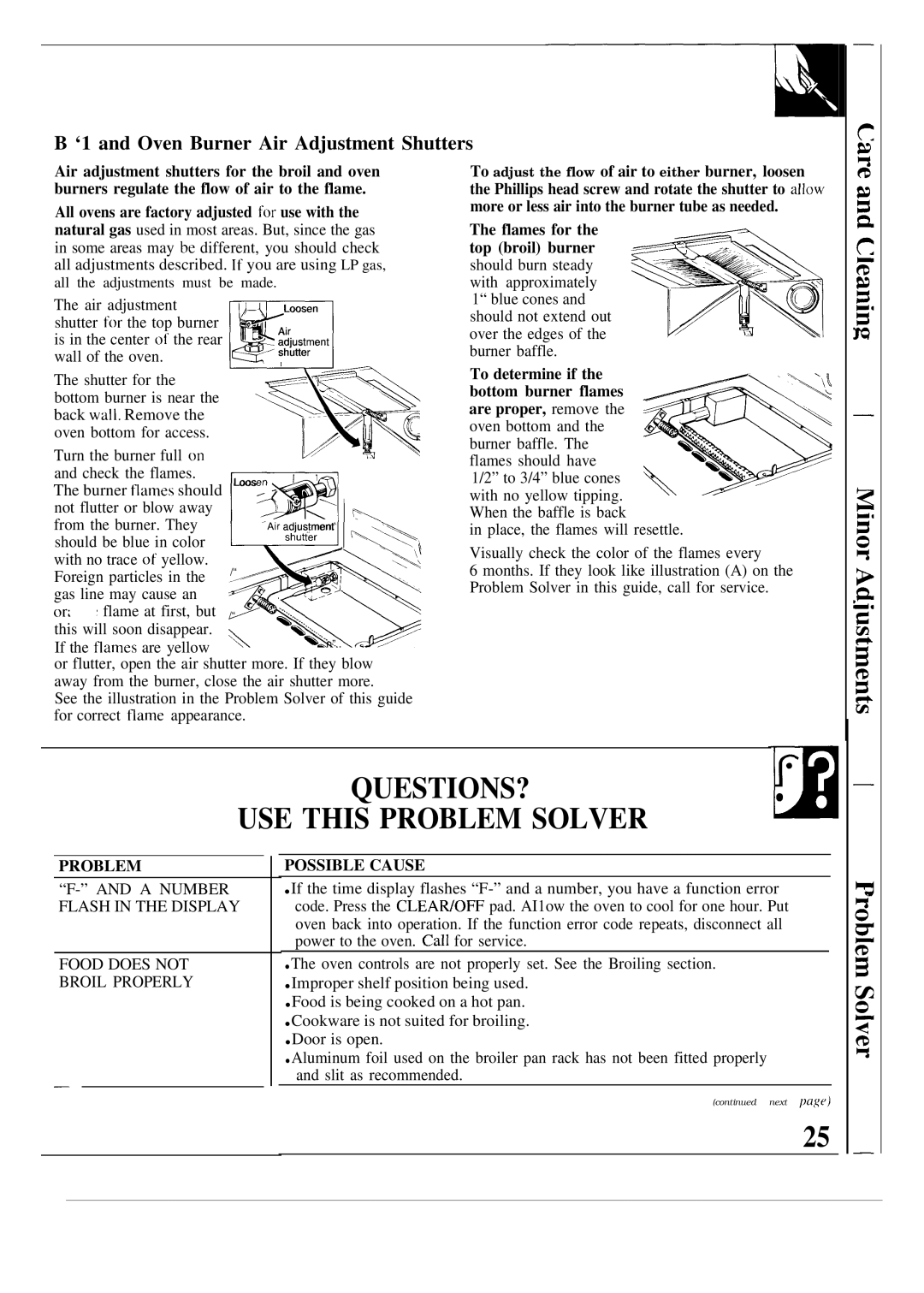 GE JGRP16 warranty QUESTIONS? USE this Problem Solver, ‘1 and Oven Burner Air Adjustment Shutters, Possible Cause 