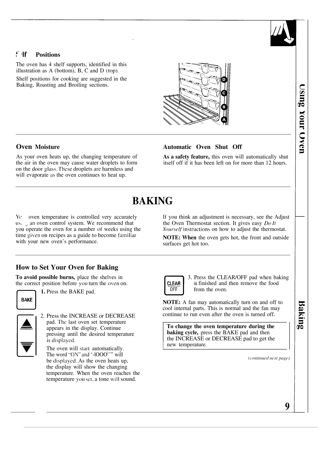 GE JGRP16 warranty How to Set Your Oven for Baking, $ \lf Positions, Oven Moisture Automatic Oven Shut Off 