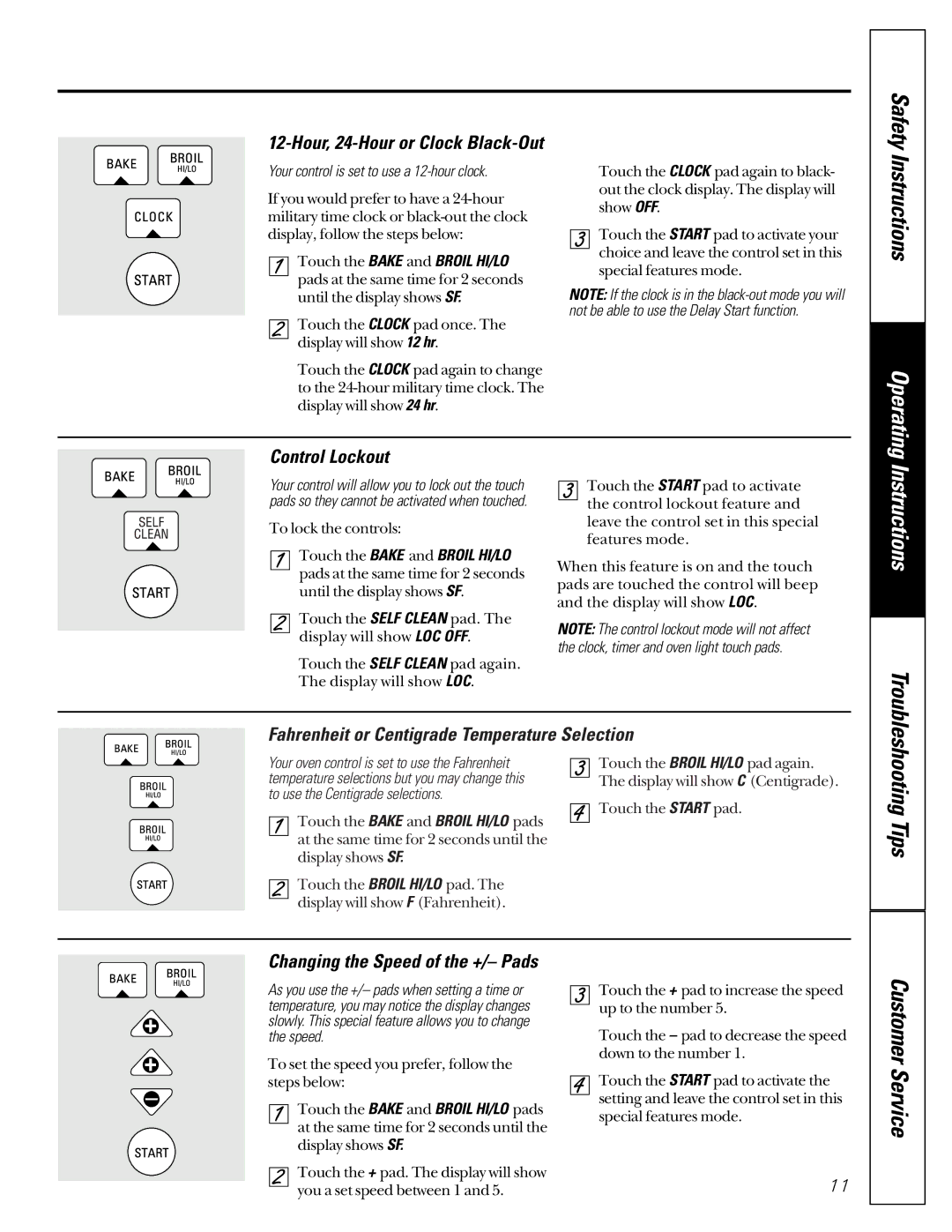 GE JGRP17 owner manual Hour, 24-Hour or Clock Black-Out, Control Lockout, Fahrenheit or Centigrade Temperature Selection 