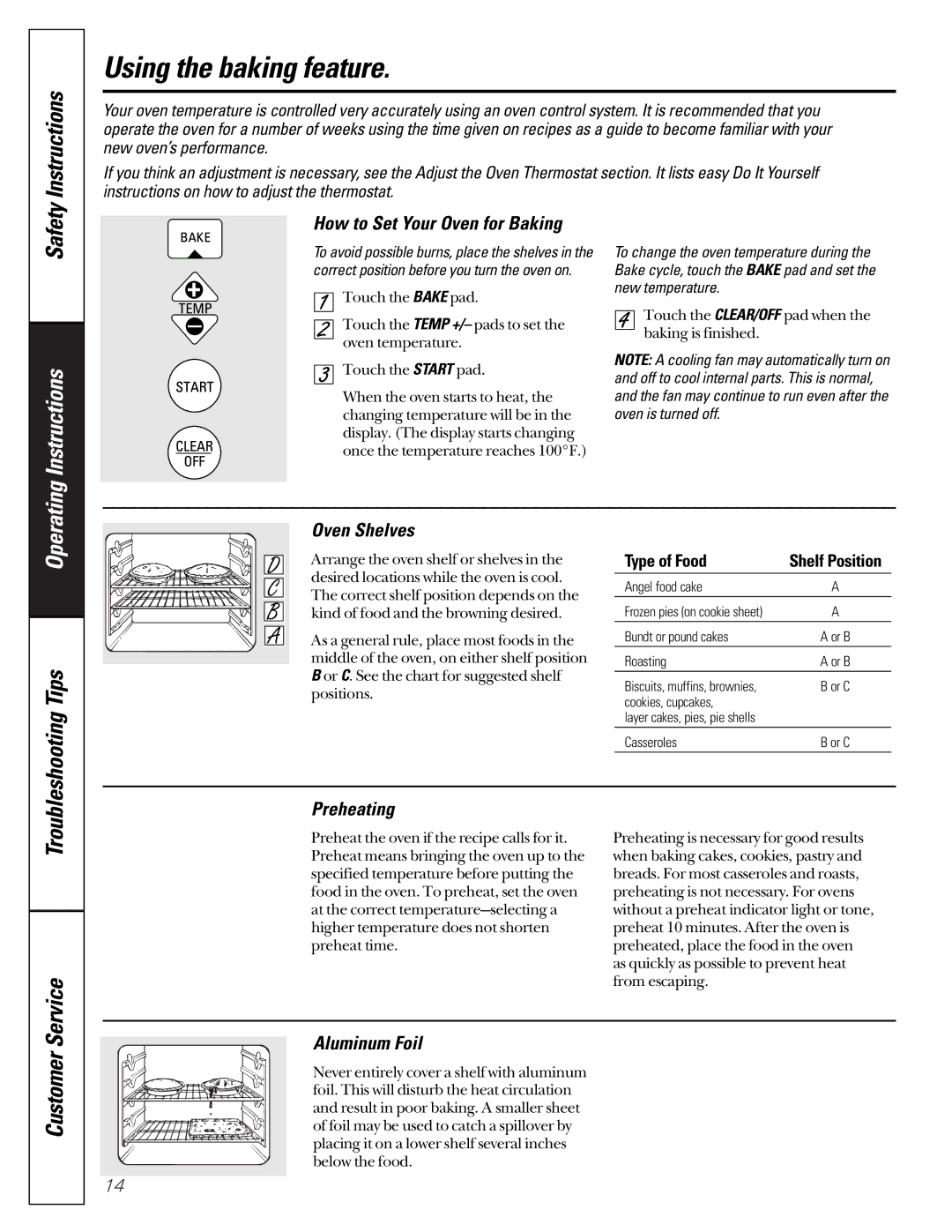 GE JGRP17 owner manual Using the baking feature, How to Set Your Oven for Baking, Oven Shelves, Preheating, Aluminum Foil 