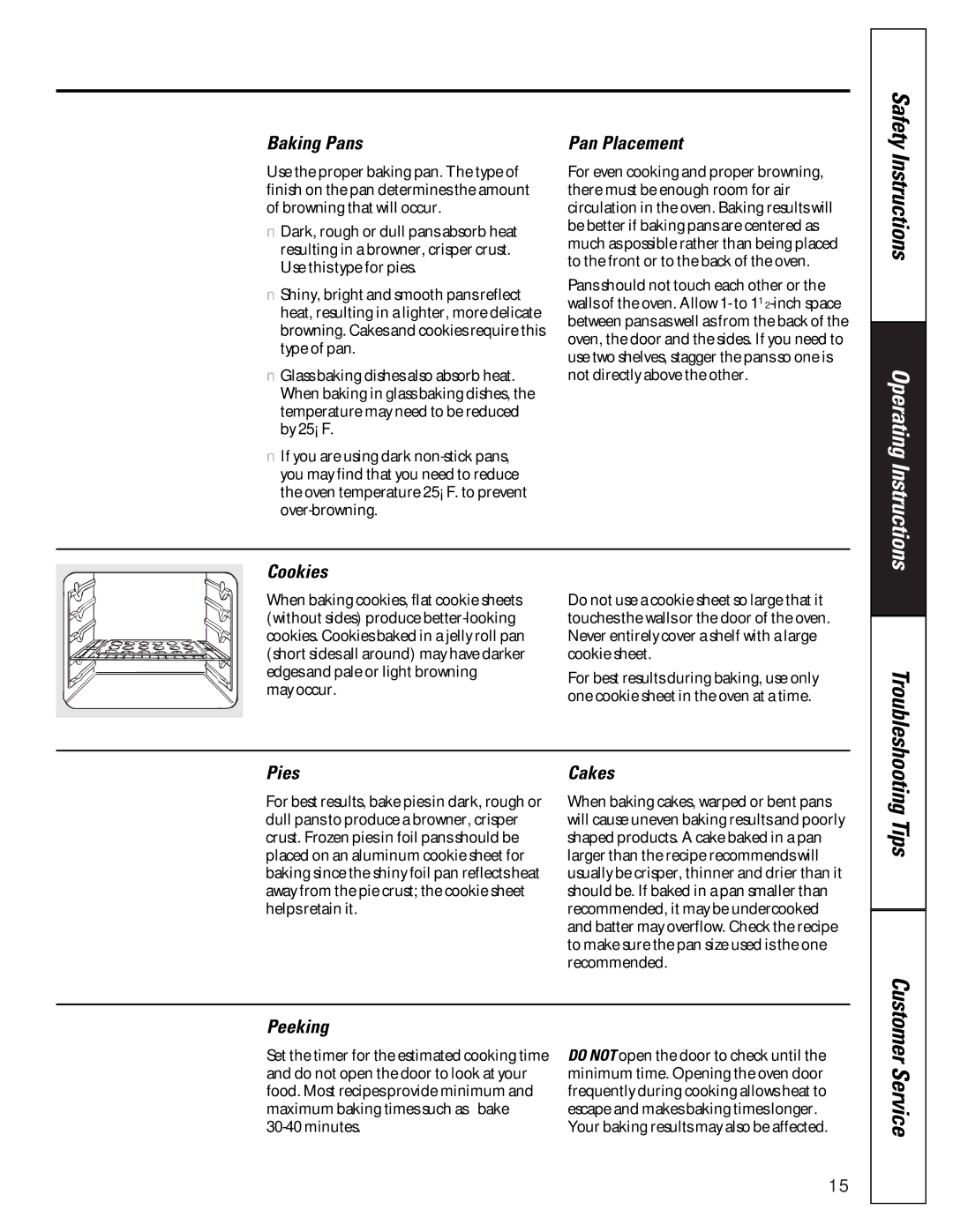 GE JGRP17 owner manual Baking Pans, Pan Placement, Cookies, Pies, Cakes, Peeking 