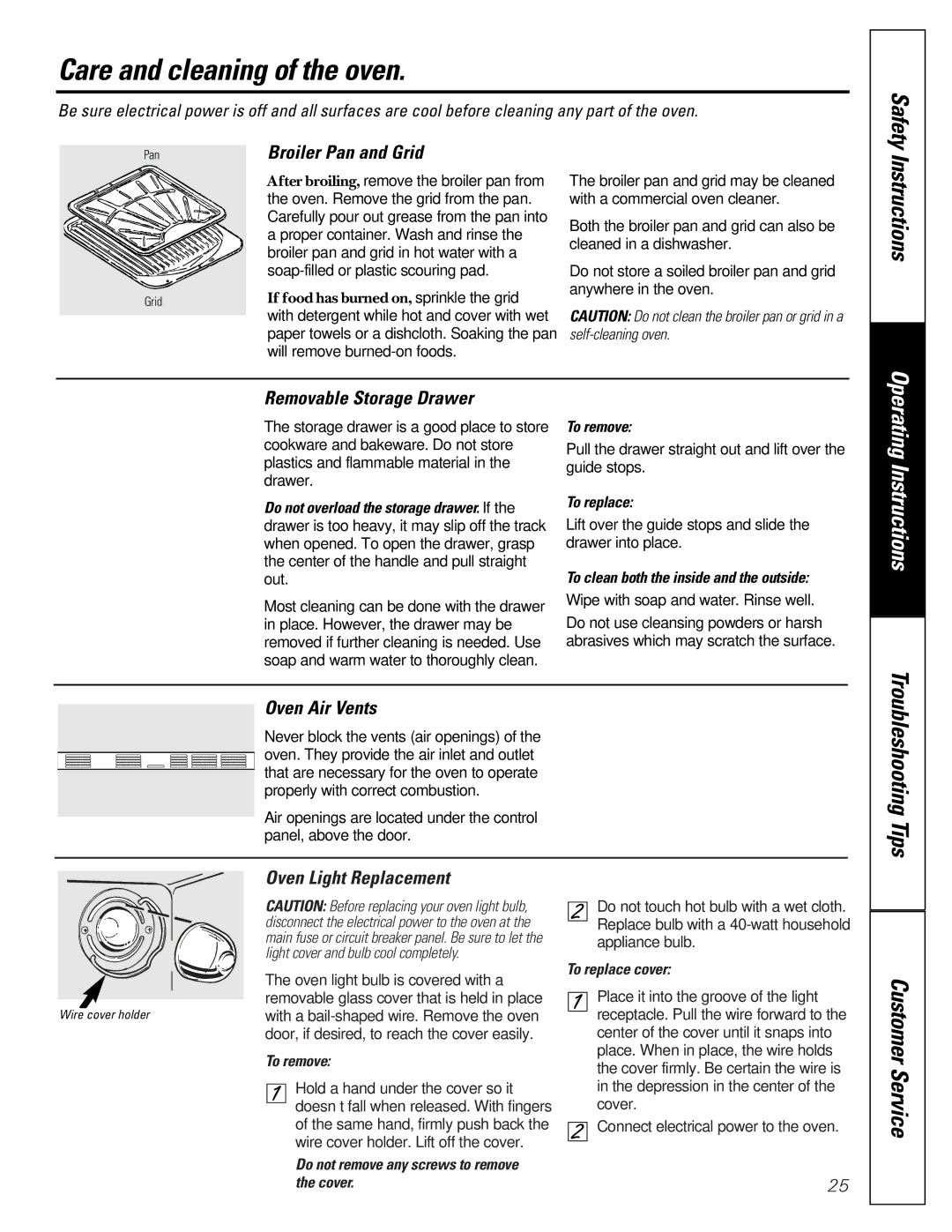 GE JGRP17 owner manual Care and cleaning of the oven, Broiler Pan and Grid, Removable Storage Drawer, Oven Air Vents 