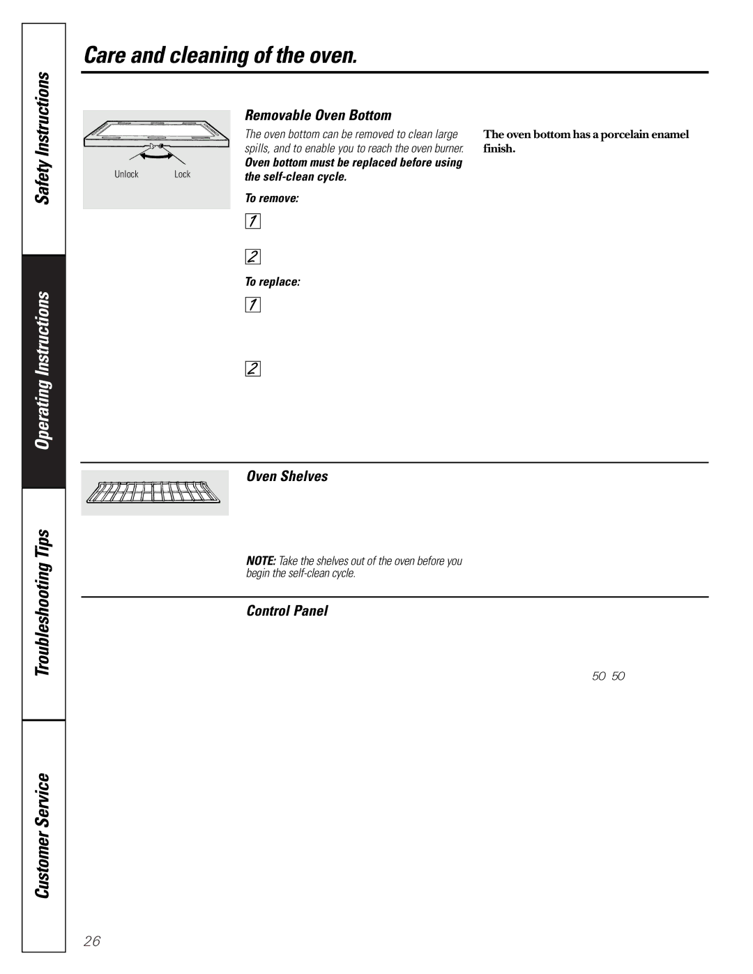 GE JGRP17 owner manual Removable Oven Bottom, Control Panel, Self-clean cycle 