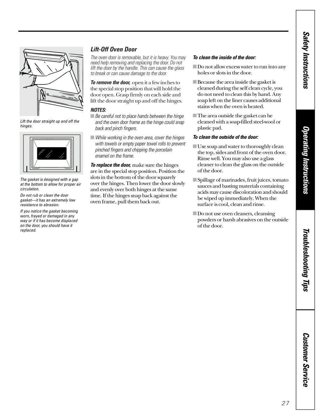 GE JGRP17 owner manual Lift-Off Oven Door, To clean the inside of the door, To clean the outside of the door 