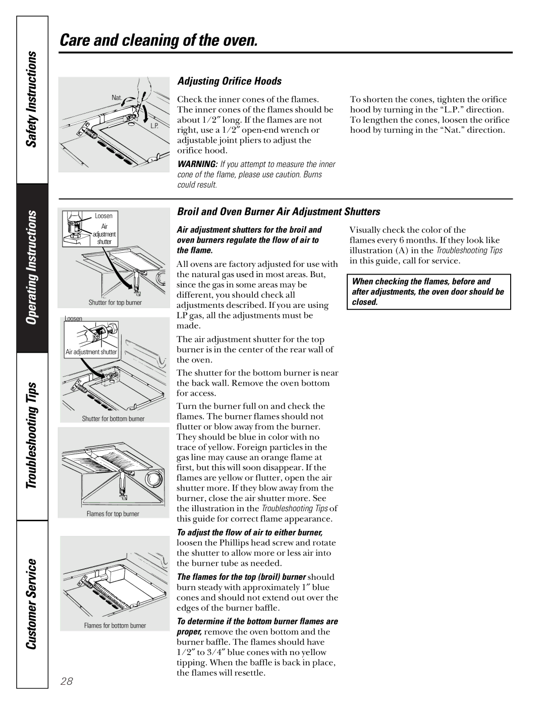 GE JGRP17 owner manual Adjusting Orifice Hoods, Broil and Oven Burner Air Adjustment Shutters 