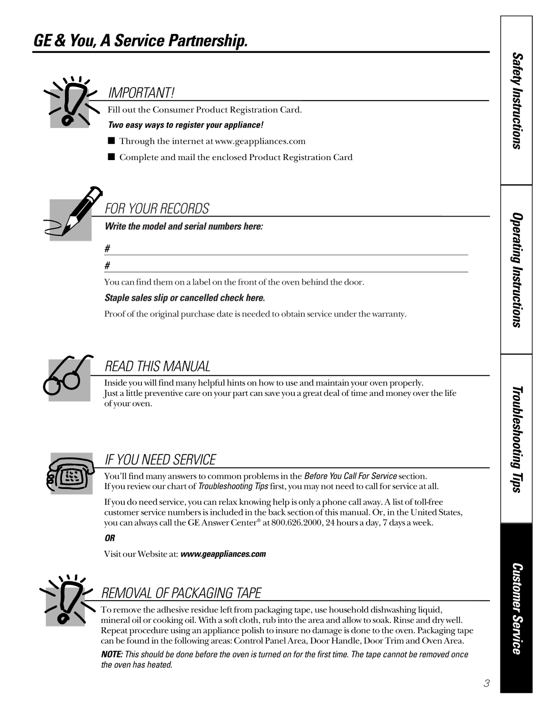 GE JGRP17 owner manual GE & You, a Service Partnership, Two easy ways to register your appliance 