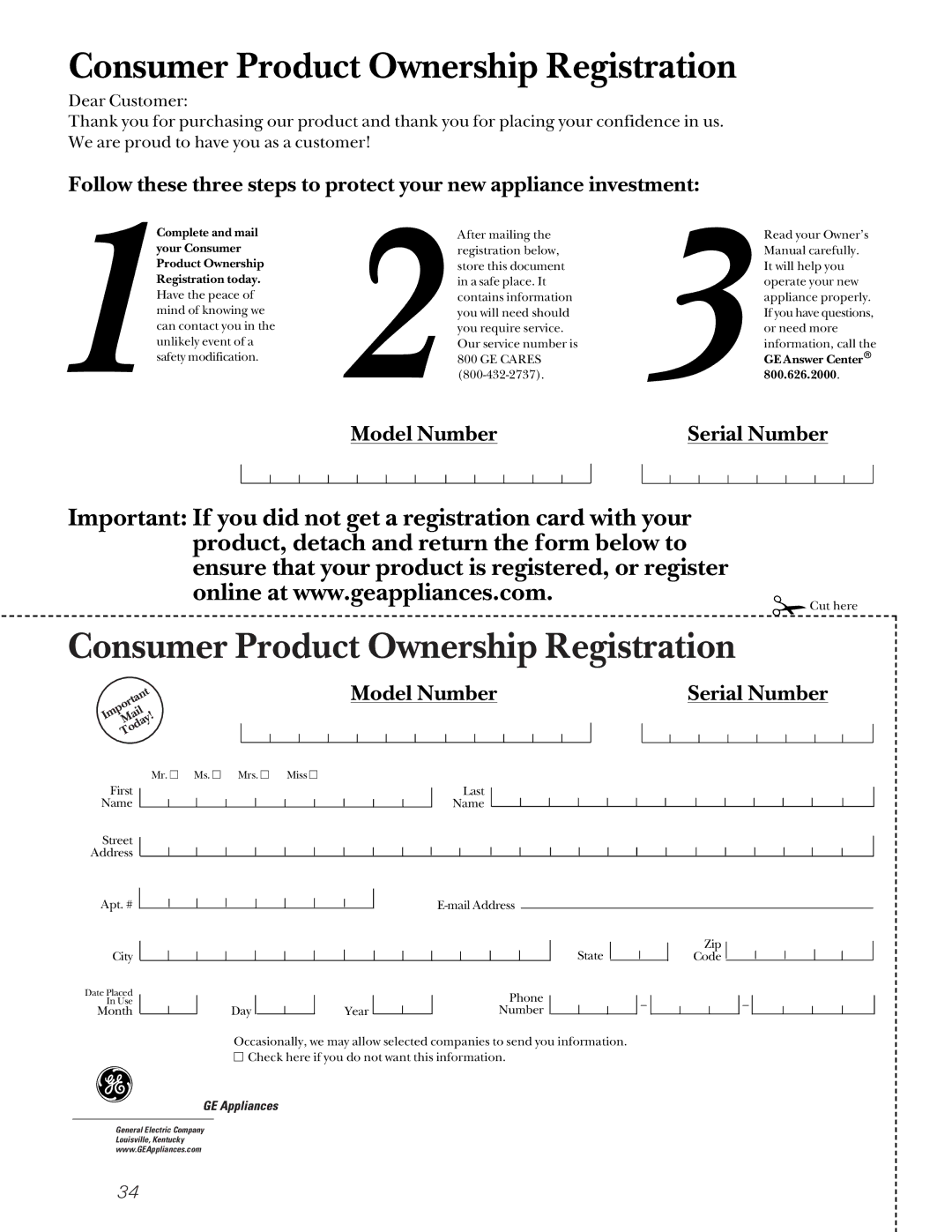 GE JGRP17 owner manual Consumer Product Ownership Registration 