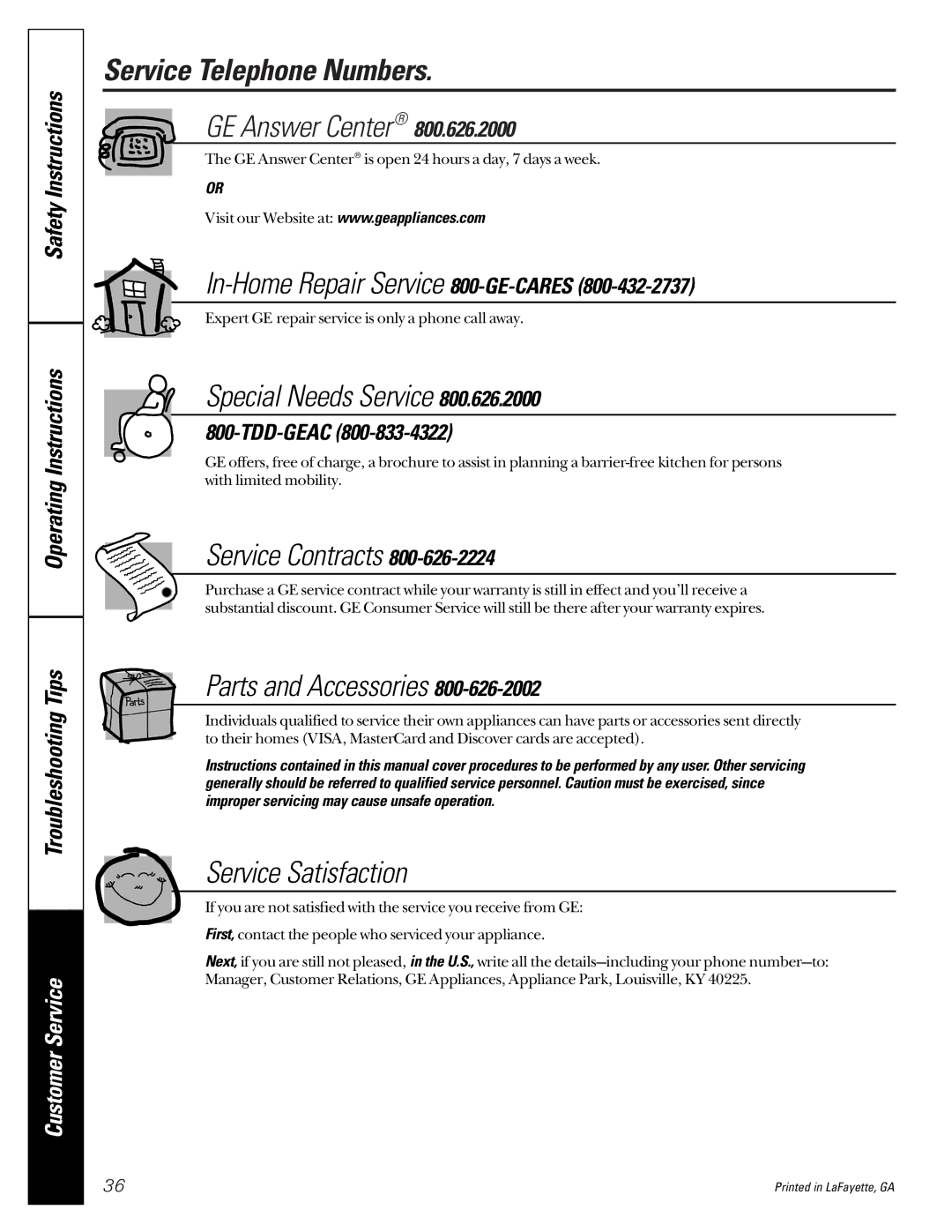 GE JGRP17 owner manual Service Telephone Numbers, GE Answer Center 