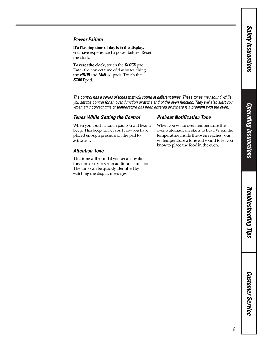 GE JGRP17 owner manual Power Failure, Tones While Setting the Control, Preheat Notification Tone 