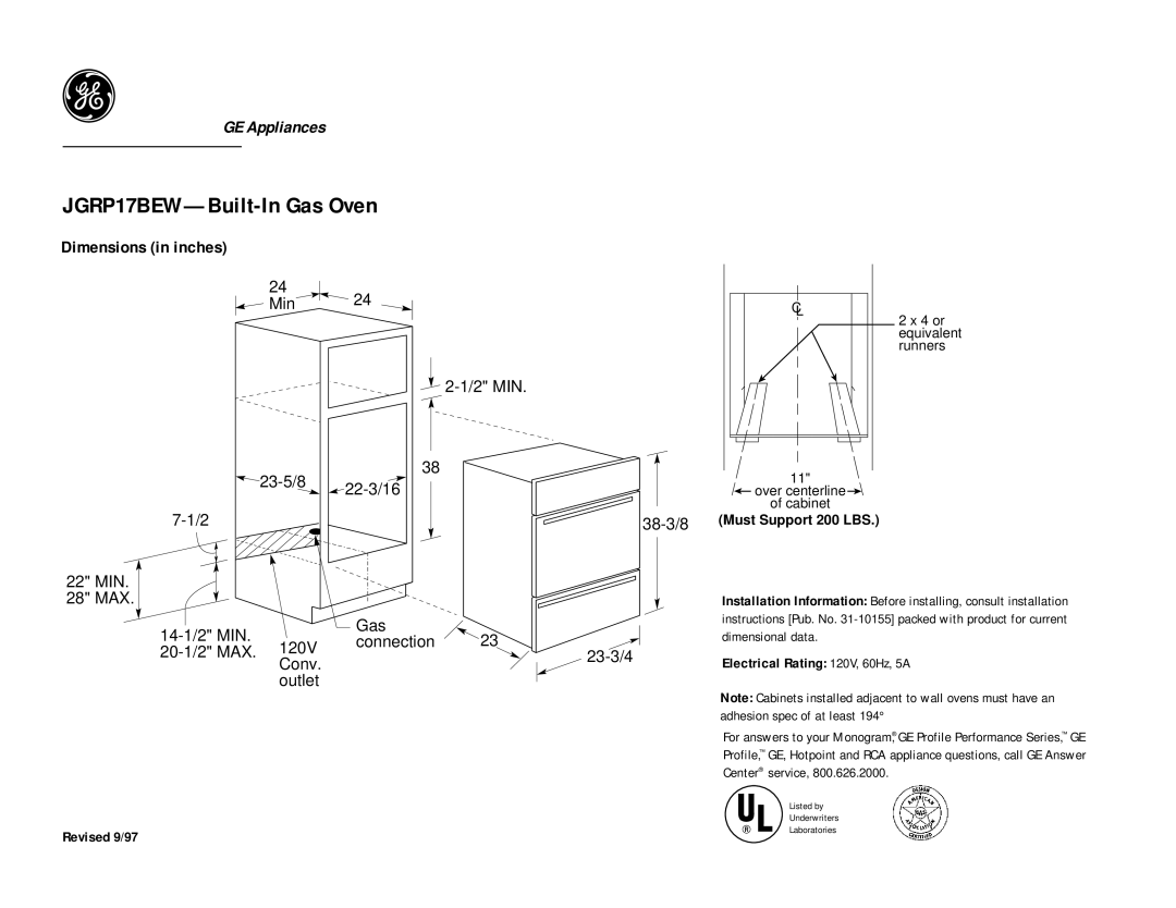 GE dimensions JGRP17BEW-Built-In Gas Oven, Dimensions in inches, 38-3/8, 23-3/4 