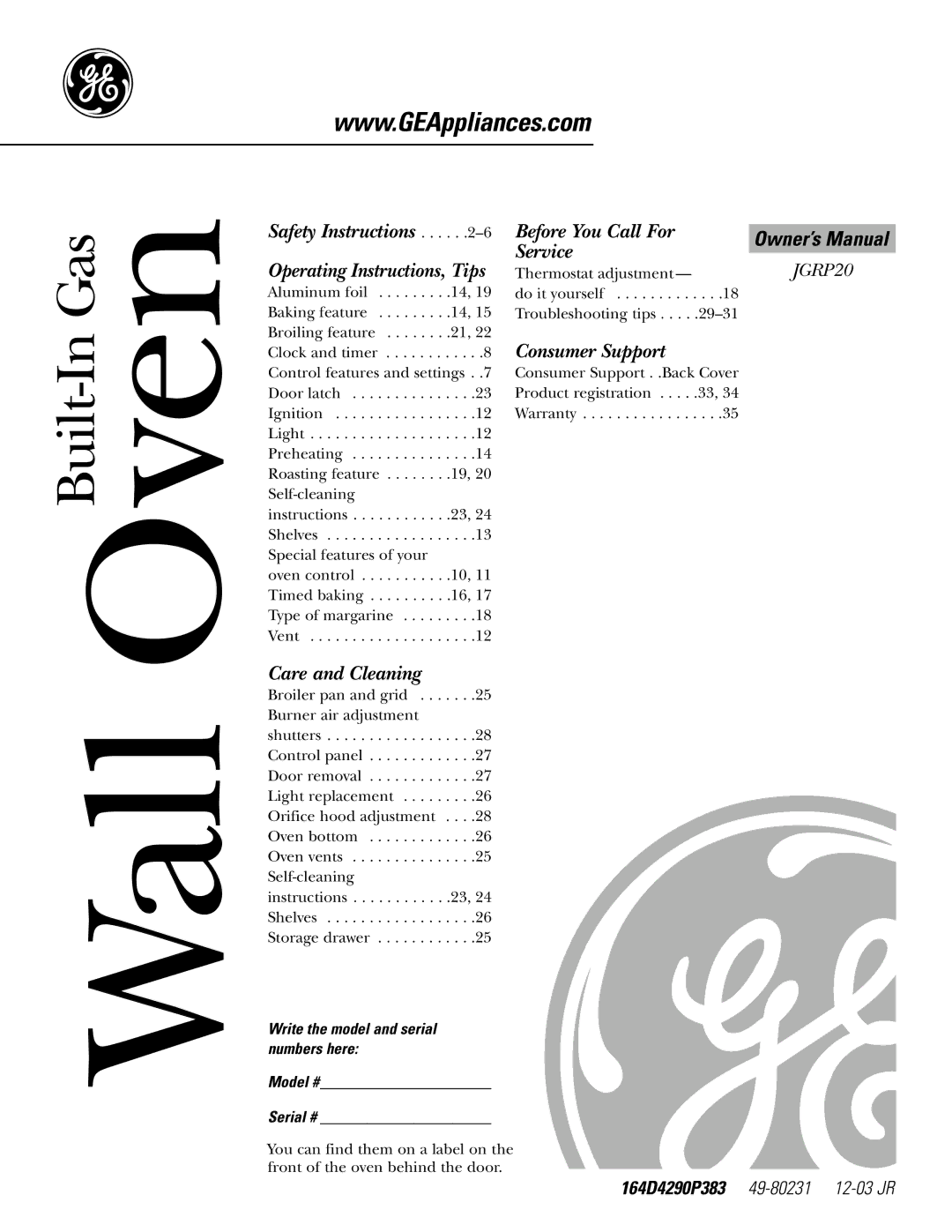 GE JGRP20 owner manual Built-In Gas, Write the model and serial numbers here Model # Serial # 