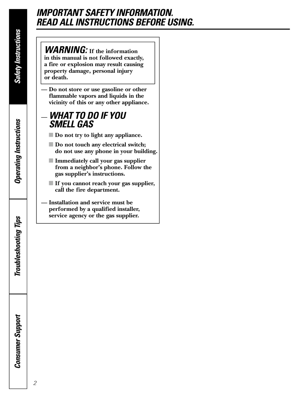 GE JGRP20 owner manual What to do if YOU Smell GAS 